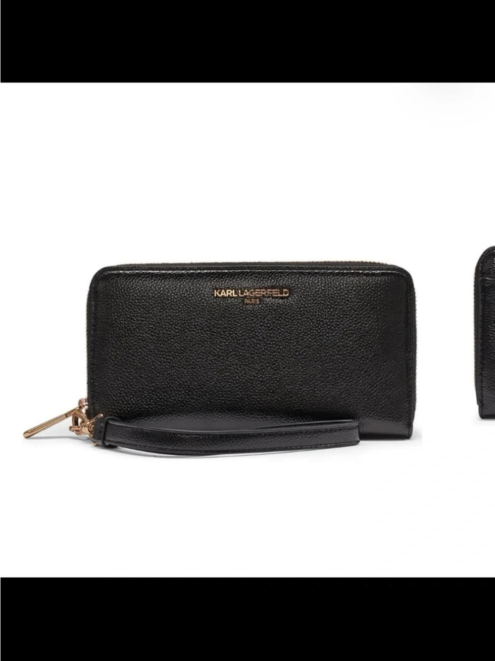 Karl Lagerfeld Black Pebbled Leather Zip Wristlet with Gold Logo